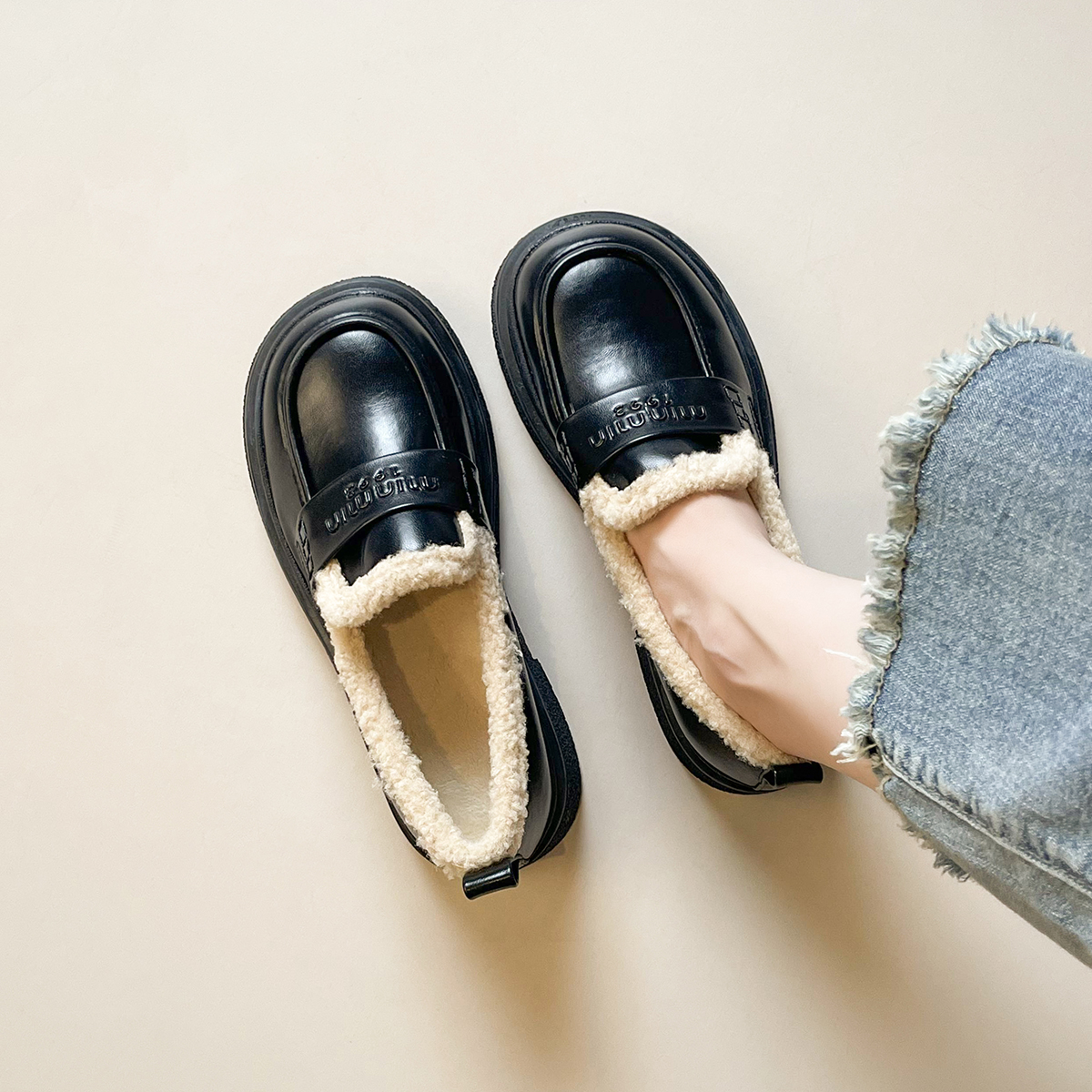 羊羔毛加绒保暖~厚底皮鞋乐福鞋