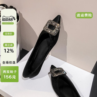 尖头单鞋 春秋浅口鞋 法式 女平底2025新款 41到43 子方扣气质瓢鞋 大码