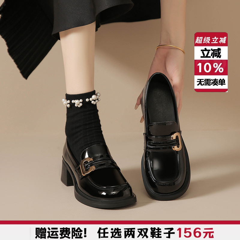 2025新款英伦小皮鞋女配裙子高跟鞋黑色乐福鞋粗跟单鞋大码41到43