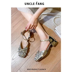 女2025夏季 玛丽珍鞋 新款 绝美配裙子中空粗跟单鞋 法式 水钻包头凉鞋