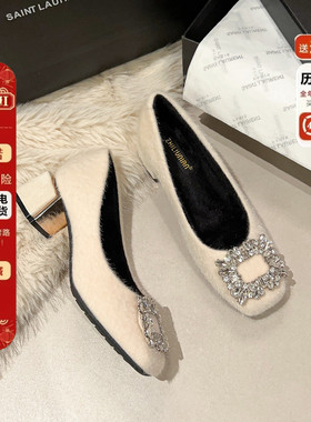 法式气质加绒高跟鞋女2025新款冬季白色毛毛鞋绝美晚晚鞋粗跟单鞋