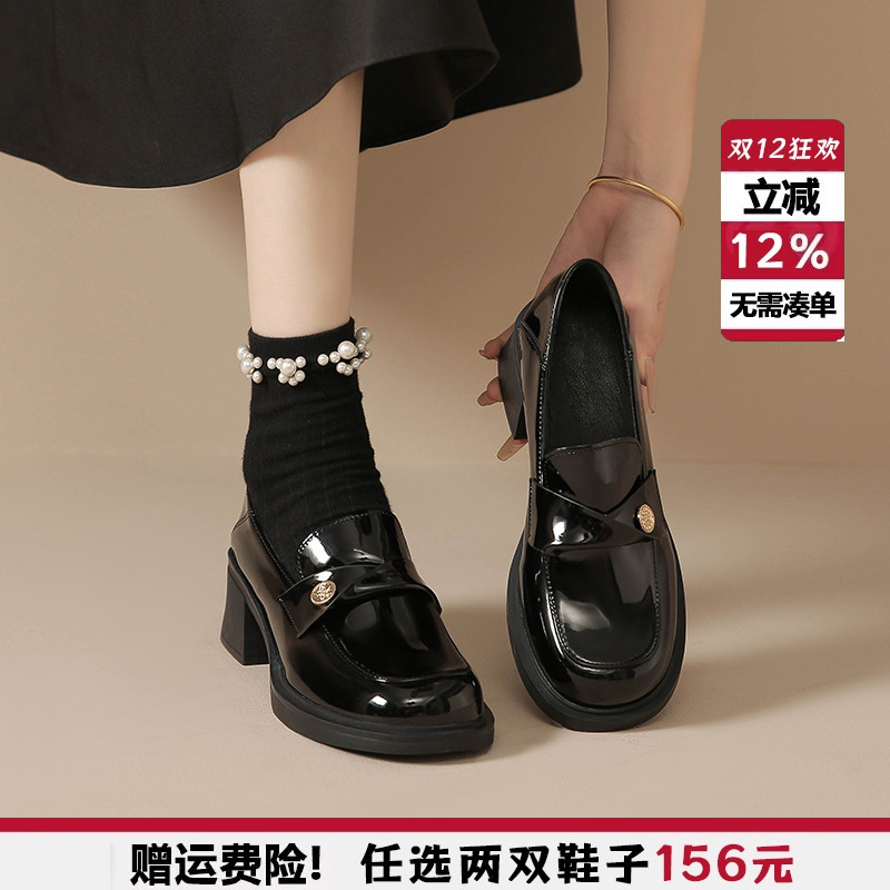 粗跟英伦黑色小皮鞋女高跟乐福鞋
