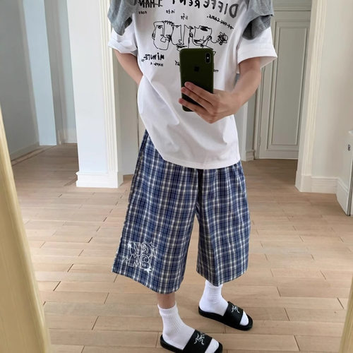 休闲美式复古撞色格子七分裤男女宽松休闲百搭夏季直筒阔腿短裤