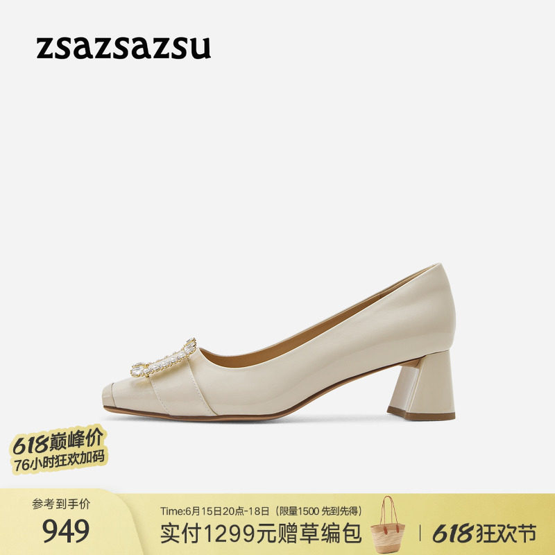 [方糖钻]莎莎苏2026春夏新款法式羊皮浅口高跟单鞋方头粗跟一脚蹬