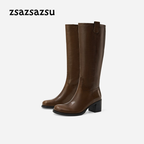 莎莎苏复古粗跟棕色长筒靴女26年秋冬新款油皱牛皮女靴增高骑士靴