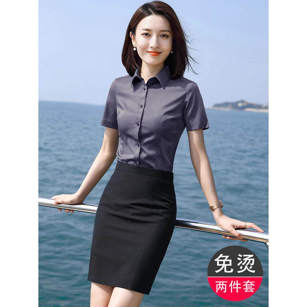 灰色短袖衬衫女夏季新款正装酒店前台银行工装职业套装衬衣工作服