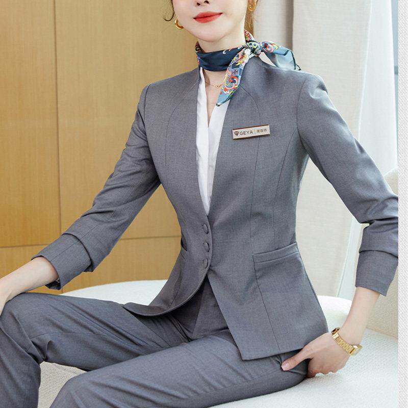灰色职业套装女秋季气质珠宝店医美客服美容师工作服酒店前台工装