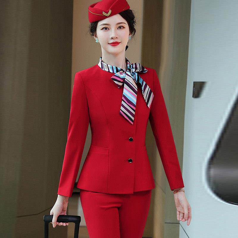 空姐制服职业套装女长袖红色西装军鼓乐队演出服装酒店前台工作服