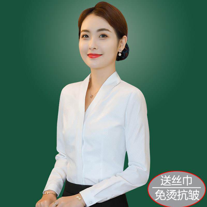 白衬衫女无领工作服空乘面试制服职业装夏季v领衬衣南航空姐上衣