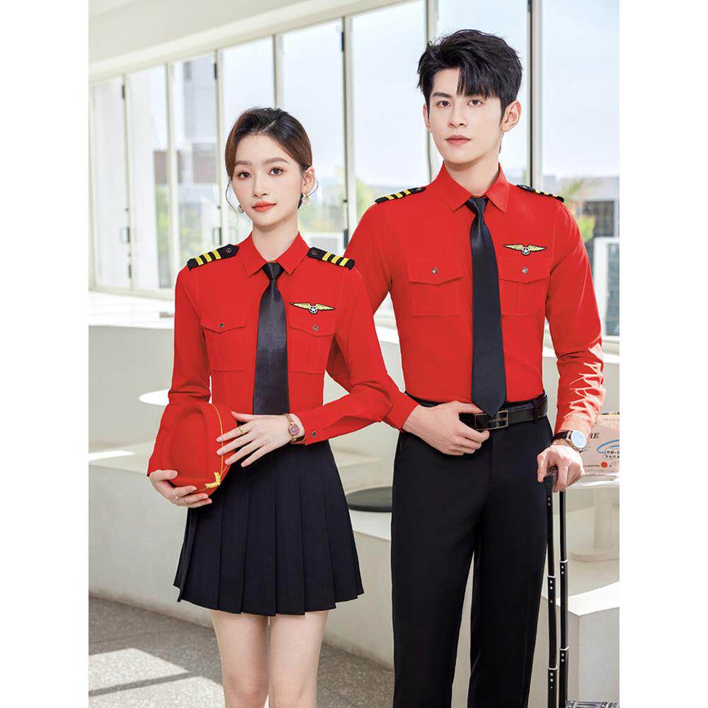 男女空姐航空衬衫长袖夏季红色军鼓乐队演出服装空少制服工作衬衣