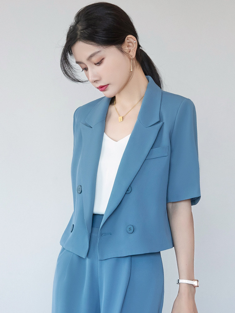 蓝色西装外套女夏季短款气质女神范御姐职业装薄款西服小个子套装