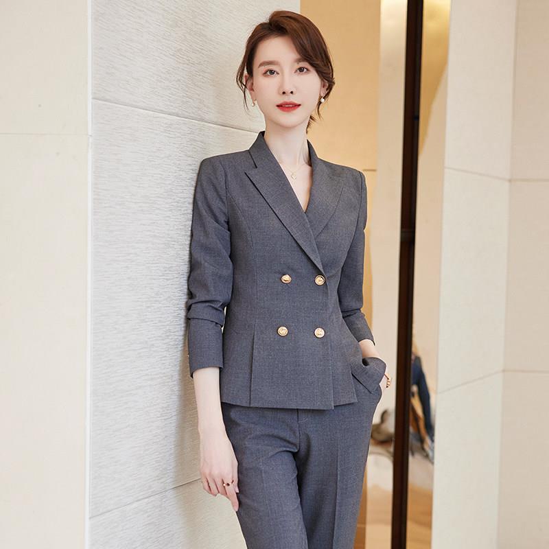 春秋西装套装女职业正装灰色西服两件套干练时尚气质工作服女神范