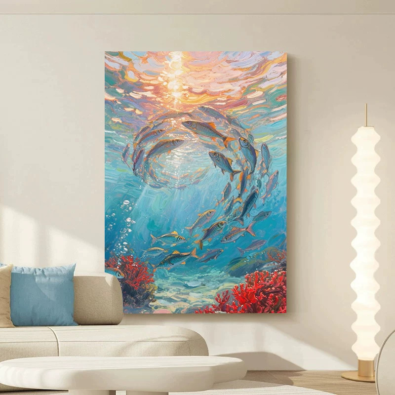 纯手绘抽象肌理年年有鱼油画