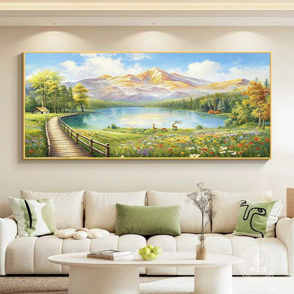 大芬村现代手绘油画聚宝盆客厅装饰画轻奢山水风景画横幅过道挂画