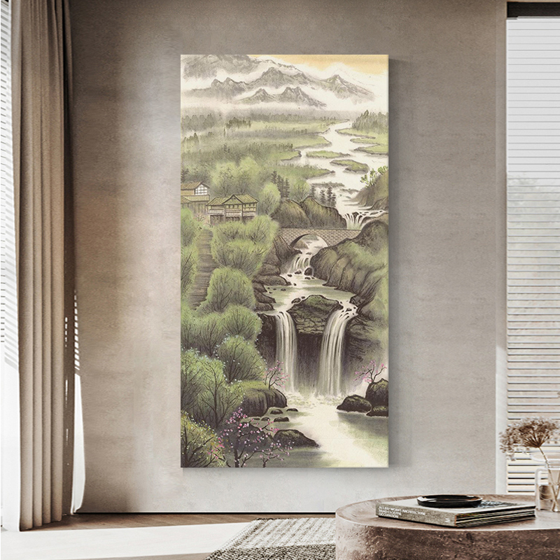 流水生财纯手绘油画侘寂风玄关装饰画客厅抽象山水植物丙烯画挂画图片