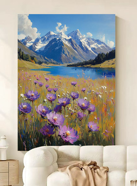 大芬村现代手绘油画山湖花境风景画客厅装饰画紫色花卉玄关挂画