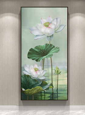 手绘油画高级感荷花装饰画入户正对门玄关竖版挂画2025年新款高端