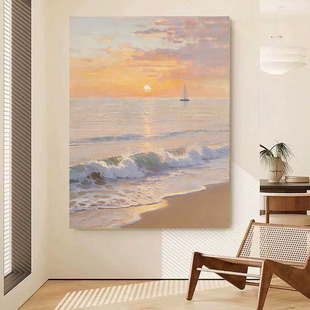 大芬村现代手绘油画海上日出客厅装饰画轻奢治愈系入户玄关挂画