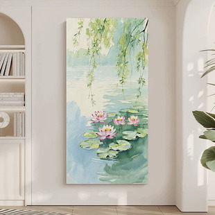 新中式 饰画莲花植物高级感入户玄关挂画 纯手绘油画莫奈睡莲客厅装