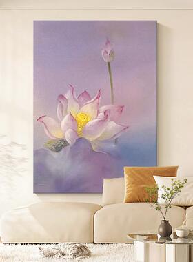 紫气东来荷花纯手绘油画客厅装饰画紫色新中式简约卧室玄关挂画