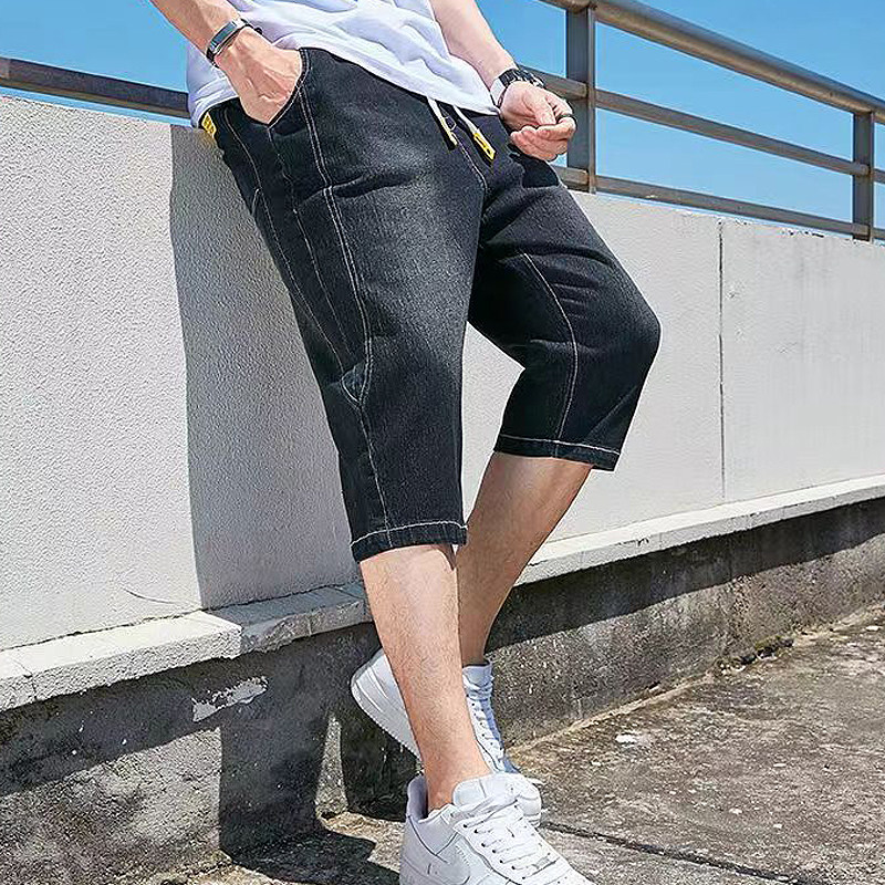 夏季薄款弹力牛仔短裤男款宽松直筒七分裤户外大码中裤松紧腰裤子