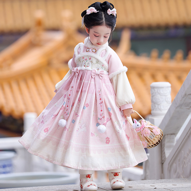 儿童汉服女童冬款加绒加厚连衣裙古风女孩拜年服襦裙古装演出服