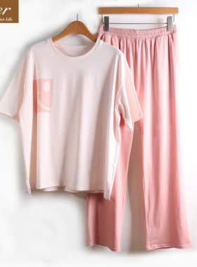 凯撒caser夏季情侣睡衣女纯棉笑脸印花圆领家居服套装BM01-F801