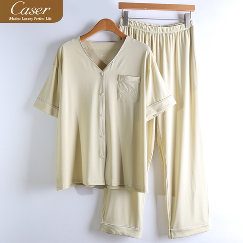 caser凯撒夏季女士冷染丝光V领开襟刺绣家居服套装睡衣BI20-6906