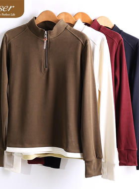 凯撒caser冬女士加厚暖姜绒撞色立领拉链上衣保暖打底衫BJ53-5567