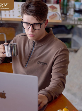 凯撒caser男士加绒卫衣冬季圆领加厚暖姜绒保暖打底上衣53-5578