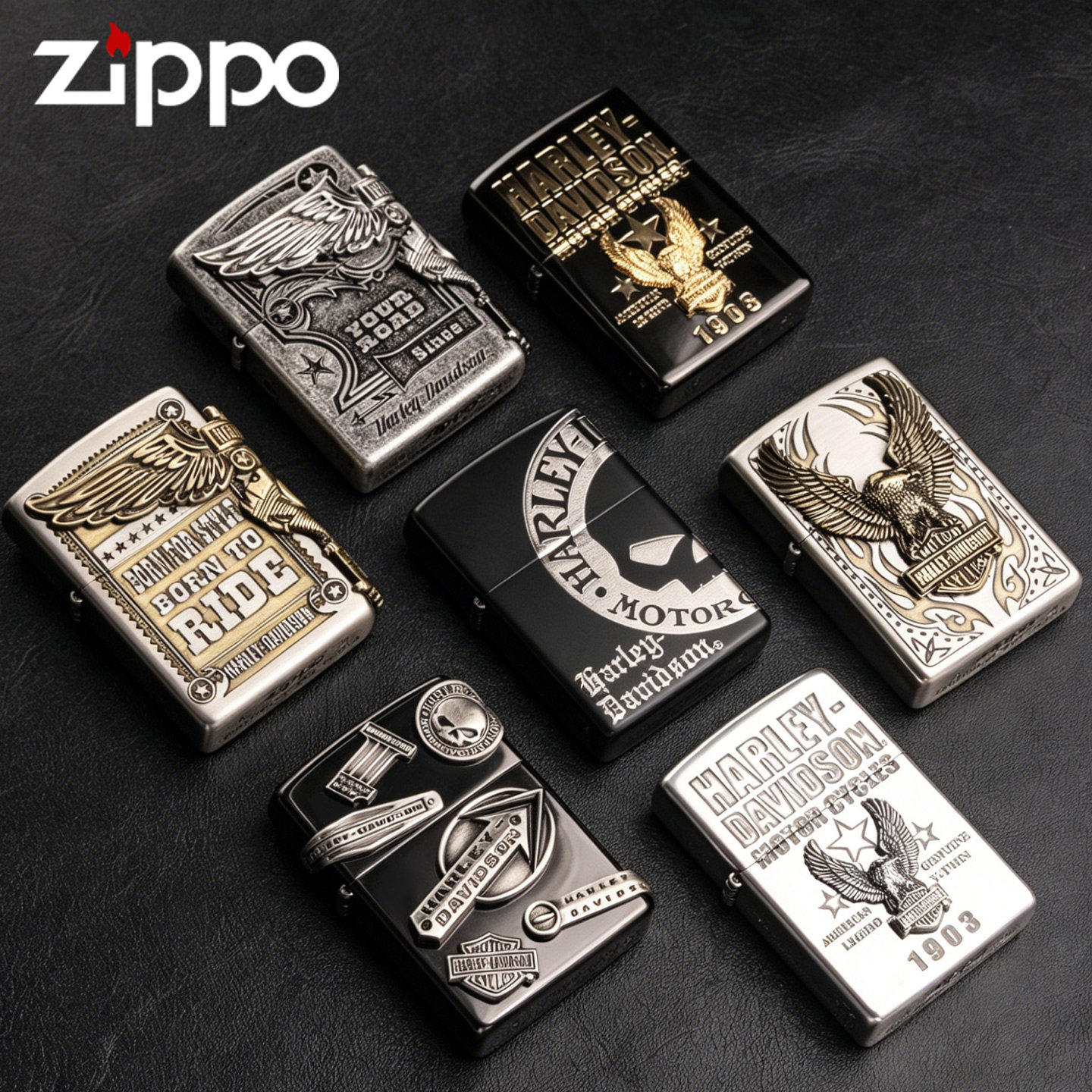 zippo打火机纯铜盔甲镀银鎏金哈雷鹰正品煤油送男友礼盒收藏