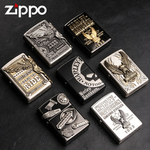 zippo打火机纯铜盔甲镀银鎏金哈雷鹰正品煤油送男友礼盒收藏