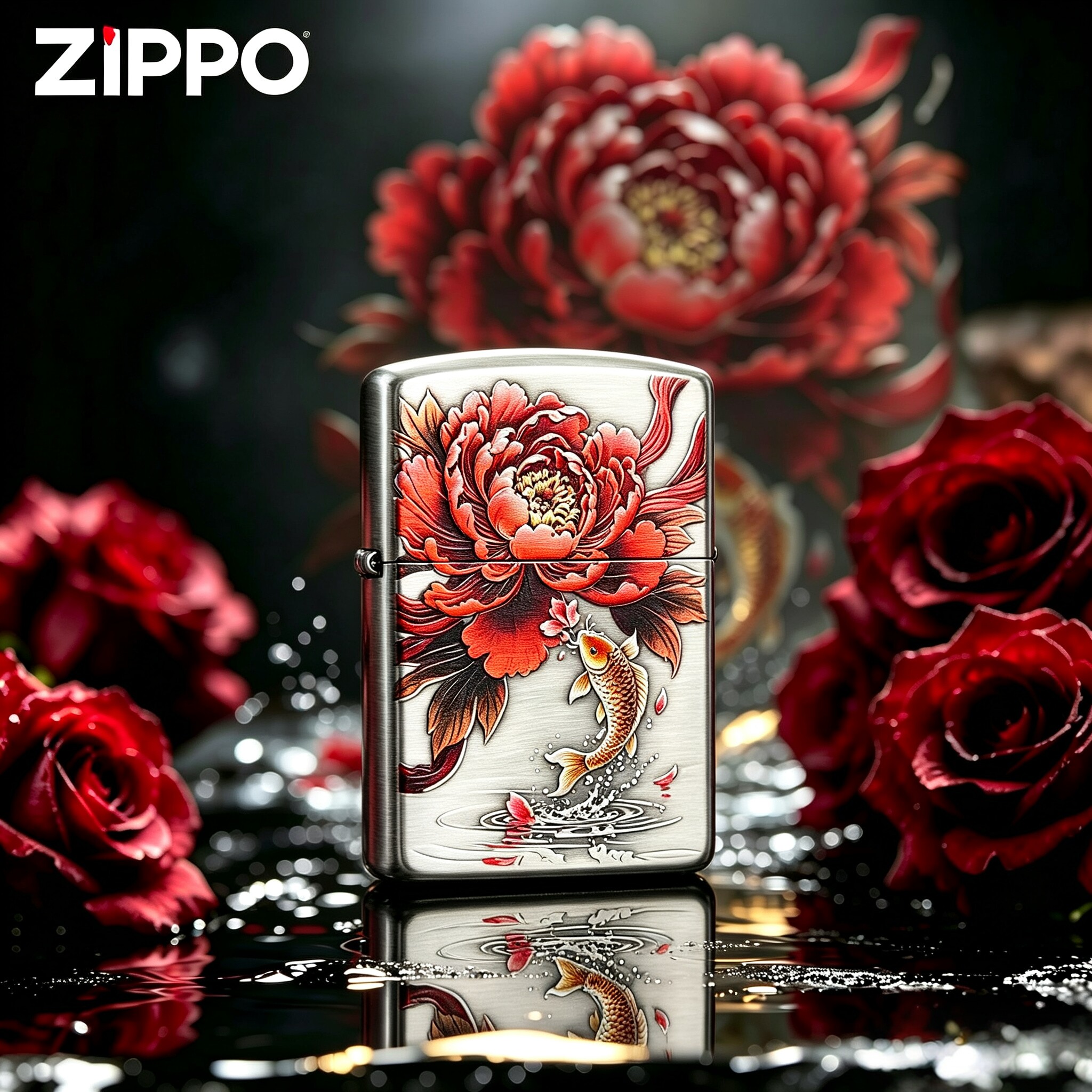 之宝正品Zippo打火机龙鱼个性熏银牡丹锦鲤盔甲机七夕送男友礼物