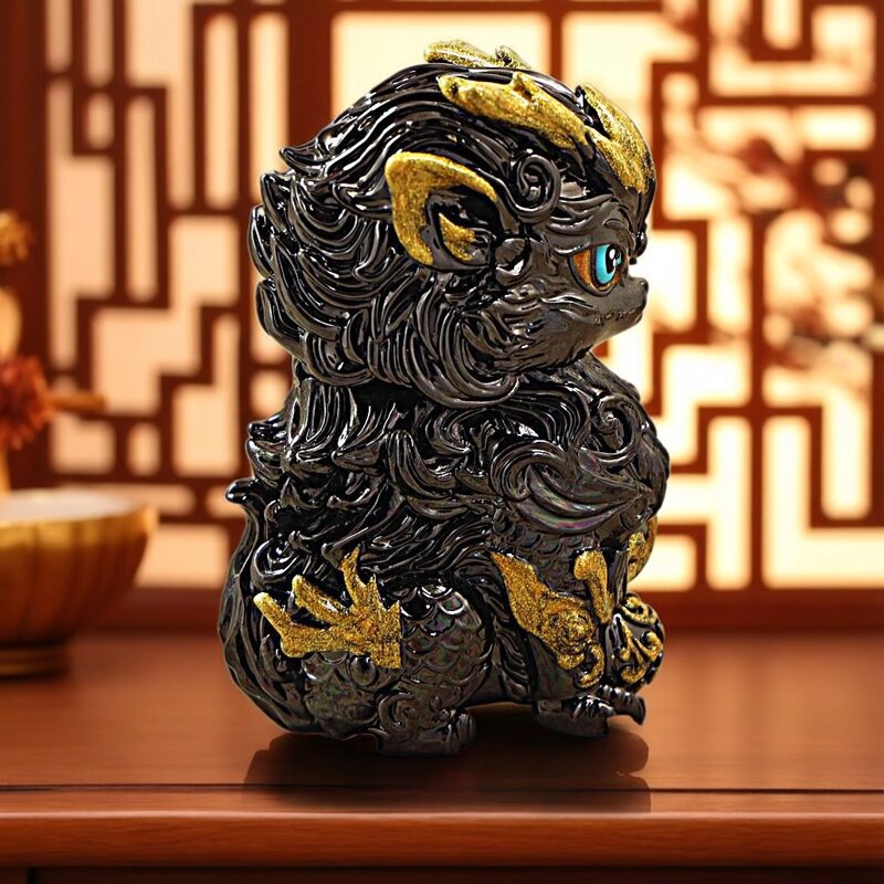 ZIPPO正品打火机防风煤油黑金麒麟珐琅彩窄机摆件送男友生日礼物