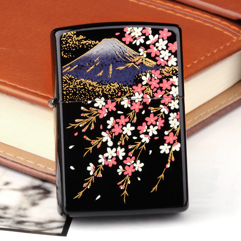 正品zippo芝宝防风打火机日版原装和风本金莳绘樱花富士山龙虎礼