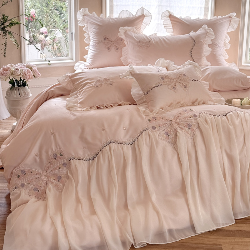 法式粉色全棉长绒棉四件套公主风