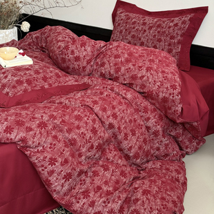 法式高级感红色结婚全棉色织提花双层纱四件套公主风纯棉被套床单
