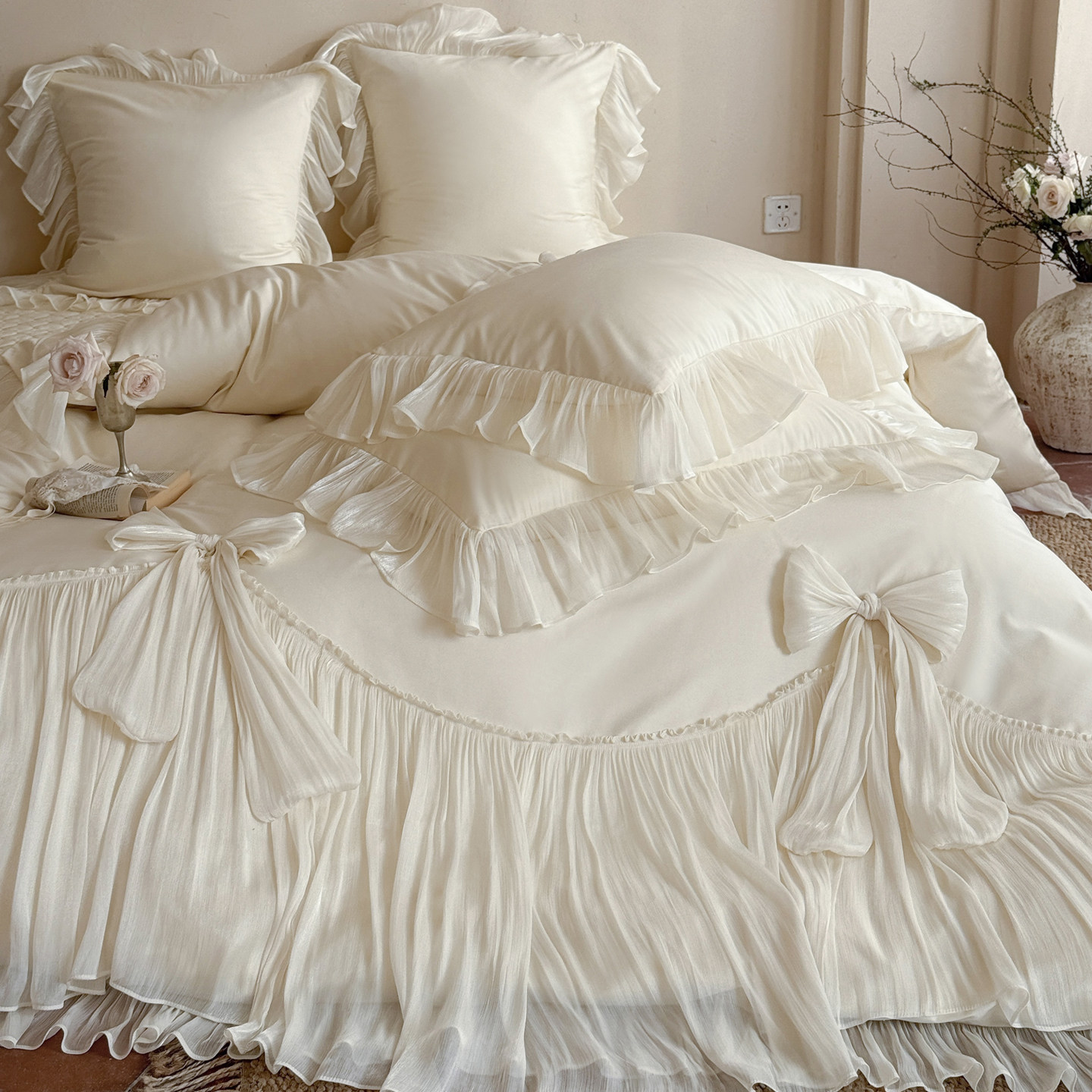 法式轻奢白色高档全棉长绒棉四件套公主风纯棉蕾丝边被套床盖床品