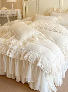 法式仙气冬季加厚牛奶绒四件套公主风珊瑚毛绒蕾丝边被套床裙床品