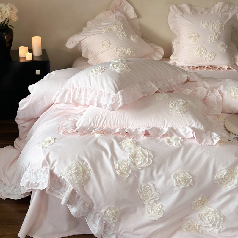 ins网红粉色全棉水洗棉四件套公主风纯棉立体花蕾丝被套床单少女4,床上用品,床品套件/四件套/多件套,淘宝优惠券,粉丝福利购,淘宝优惠卷
