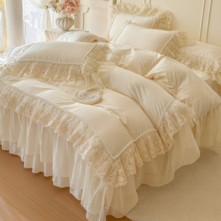 法式 仙气白色全棉四件套公主风纯棉蕾丝花边被套床裙少女裸睡床品