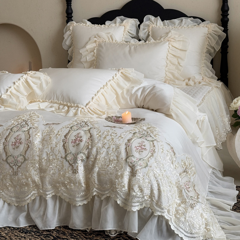 法式轻奢全棉长绒棉四件套公主风纯棉蕾丝边被套夹棉床盖少女床品