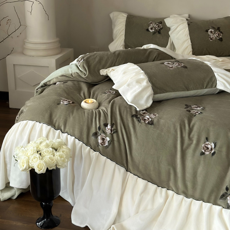 法式复古冬季加厚保暖牛奶绒四件套公主风毛绒花边被套珊瑚绒床单,床上用品,床品套件/四件套/多件套,淘宝优惠券,粉丝福利购,淘宝优惠卷