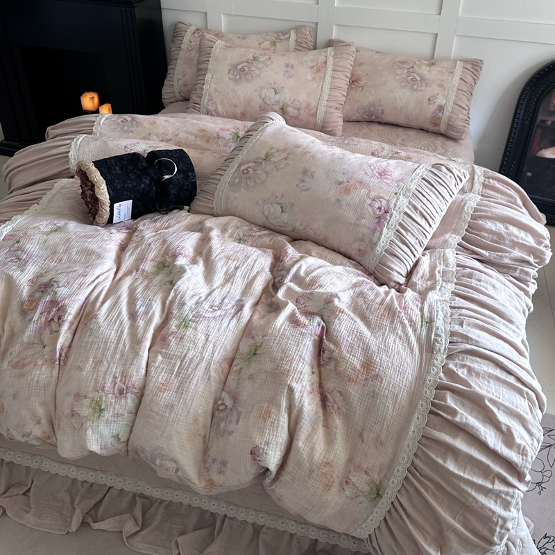法式复古全棉皱皱纱双层纱四件套