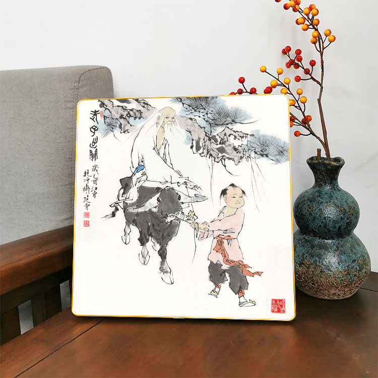 老子出关骑牛童子桌面摆台框画道家人物神像画摆件铝合金框装饰画图片