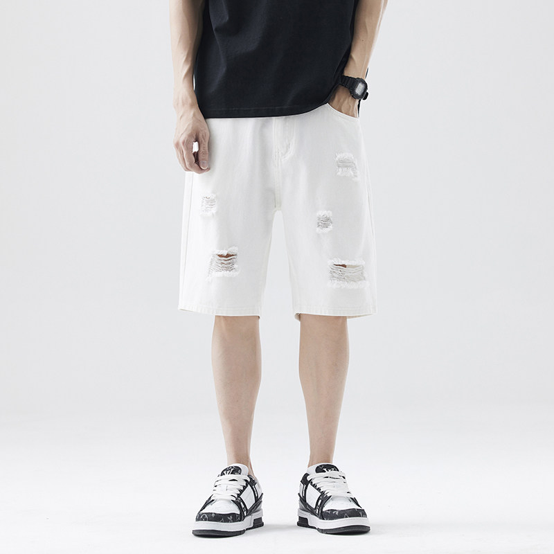 2025夏季新款纯白直筒水洗牛仔短裤男白胚刮烂破洞宽松休闲五分裤