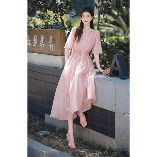 桔梗法式 現(xiàn)貨秒發(fā) 夏季 高端奢華氣質(zhì)長(zhǎng)裙 收腰粉色減齡洋氣時(shí)尚
