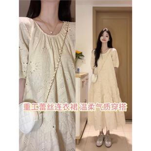 【现货秒发】重工刺绣蕾丝连衣裙泡泡袖宽松显瘦大裙摆白色长裙子