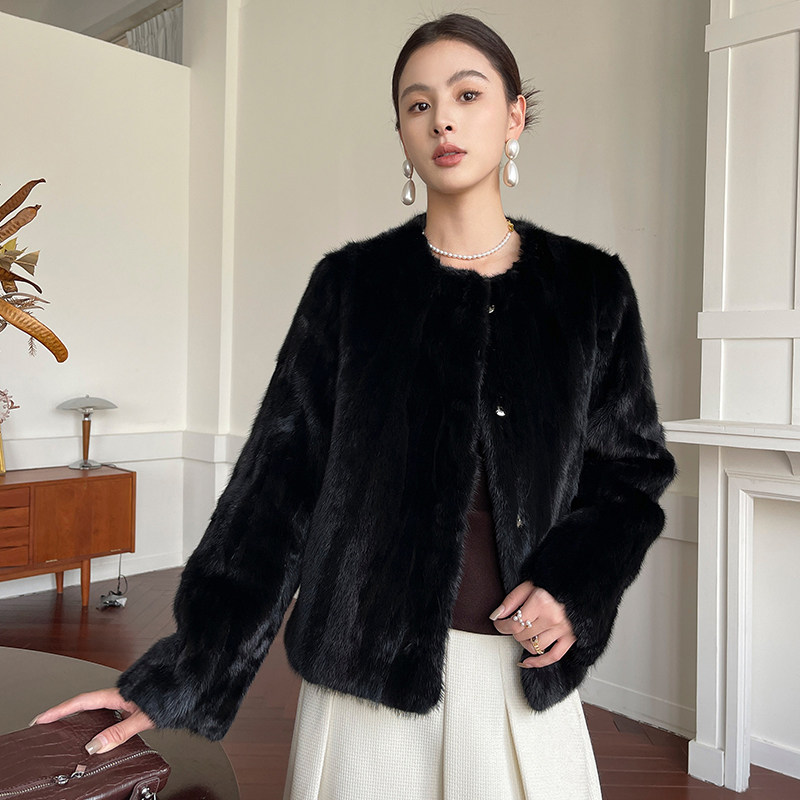 2025冬新款水貂毛外套女两面穿短款时尚圆领韩版海宁拼貂皮草大衣