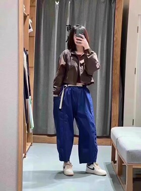 2023年素然专比春夏新品女棉格子搭扣松紧腰九分肥锥裤 A0231PA08